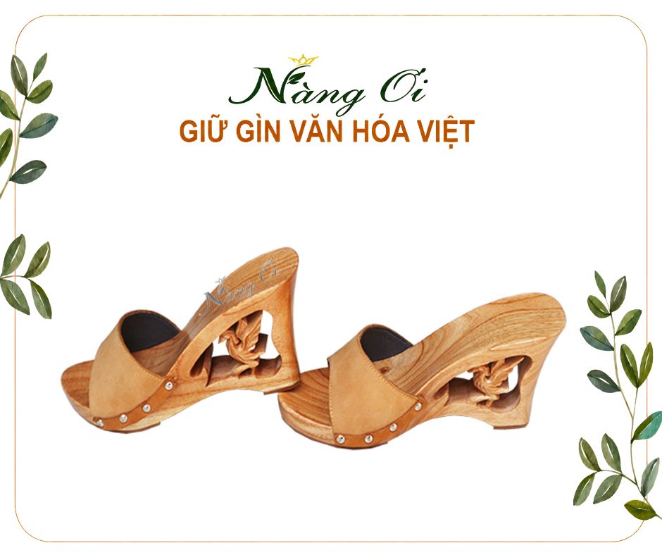 guốc gỗ quai da nhung màu vàng đất